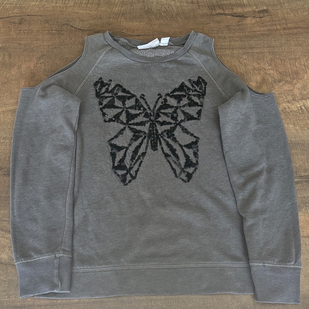 Place Girls Gray Cold-Shoulder Sequin Butterfly Sweatshirt L(10/12)